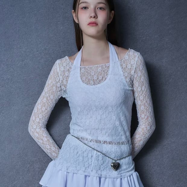 콜릿 시스루 링클 레이스 긴팔 티셔츠