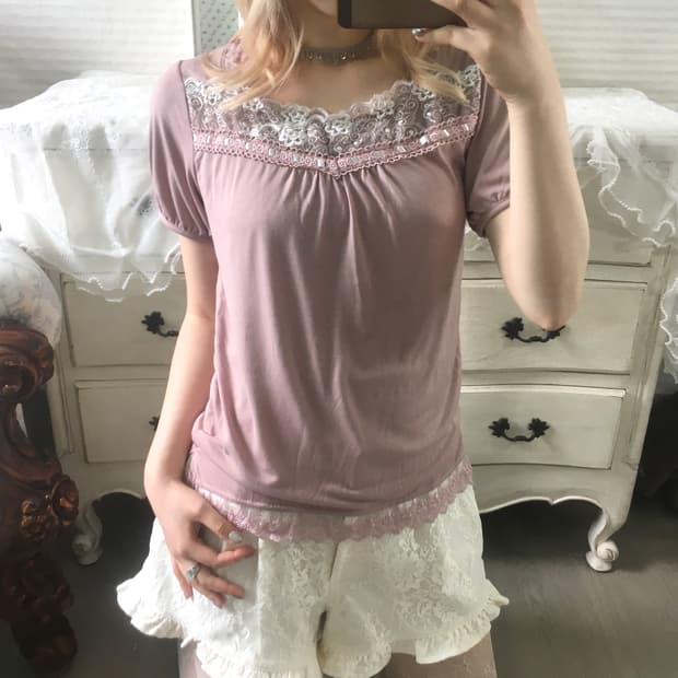 일본빈티지 히메 핑크 레이스 아일렛 퍼프 티셔츠