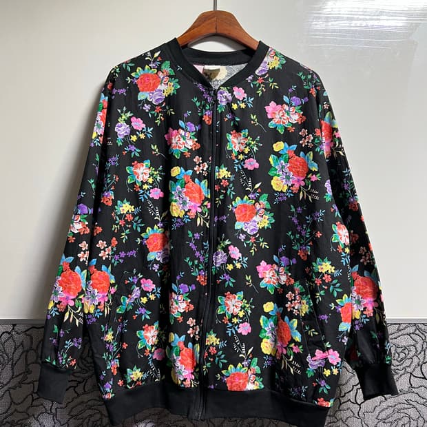 빈티지 80s 플로럴 블랙 봄버 자켓