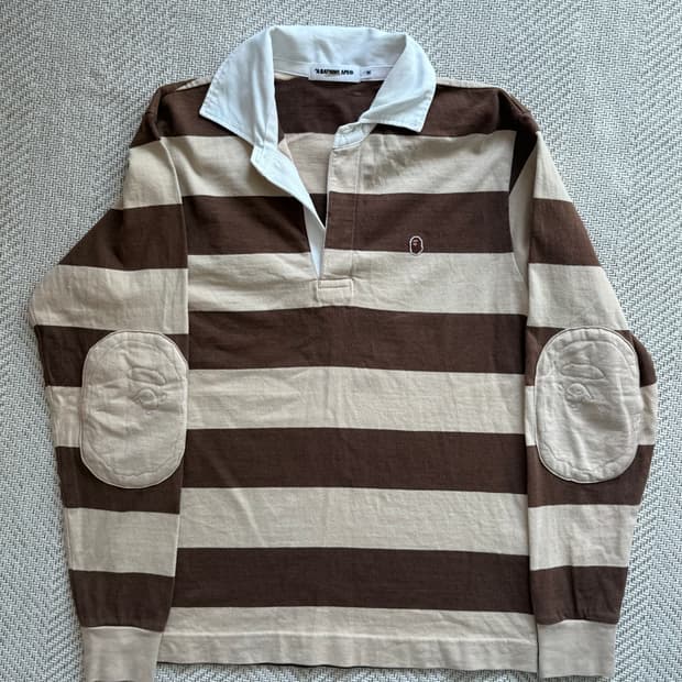 베이프 카라 럭비 스트라이프 롱슬리브 빅사루 브라운 모카