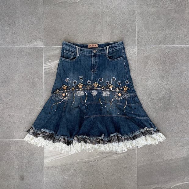 Denim ethnic beads flower embroid skirt