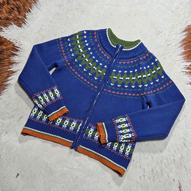 빈티지 노르딕 패턴 블루 니트집업