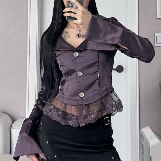 ༒ Lace-trimmed Satin Sparkly Blazer