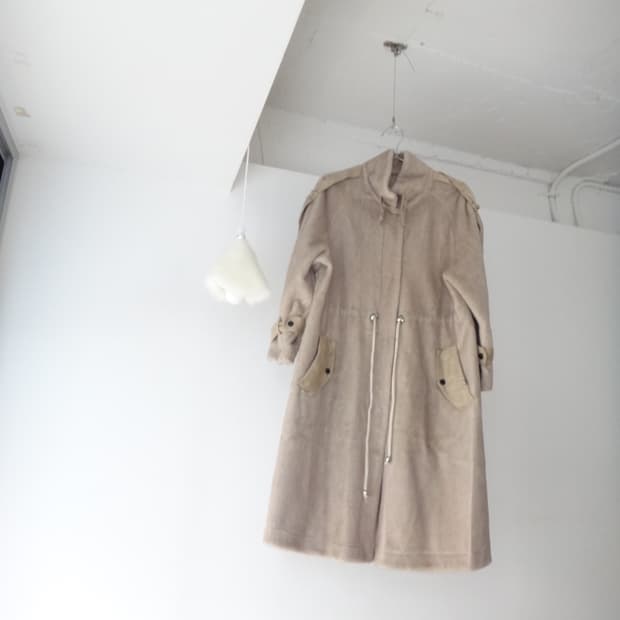 Suede & soft fur mix high neck long coat