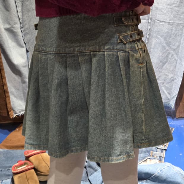 Japan vintage 데님 스트랩 플리츠 스커트