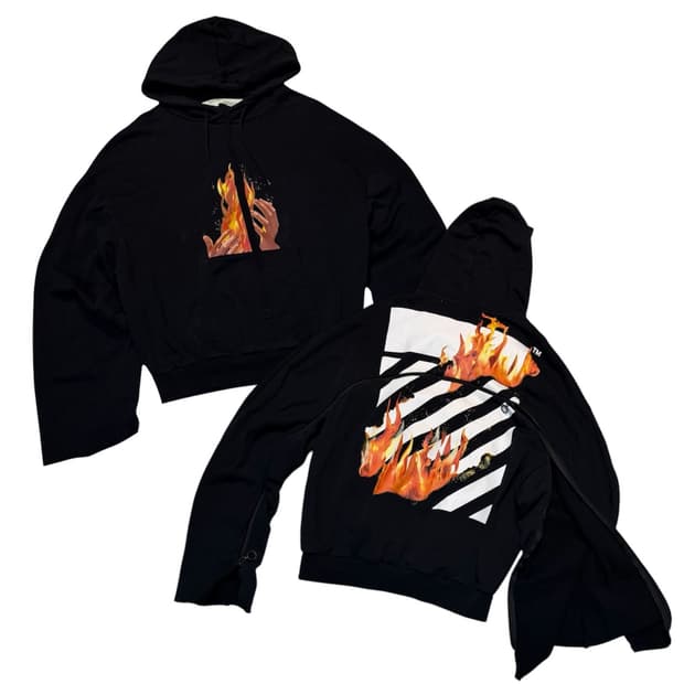 오프화이트 18ss 디아고날 플레임 절개 후드티 블랙