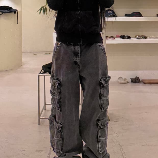 블랙업 멀티 포켓 흑청 와이드 데님 팬츠 U691