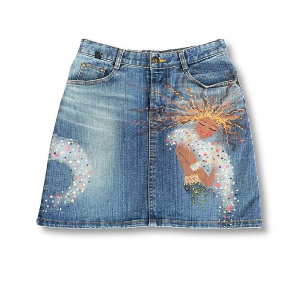 (28) 빈티지 에스닉 히피 페인팅 워싱 데님 미니 스커트 S