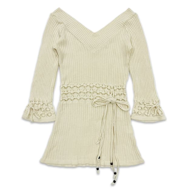 빈티지 아이보리 레이어드 리본 긴팔 니트