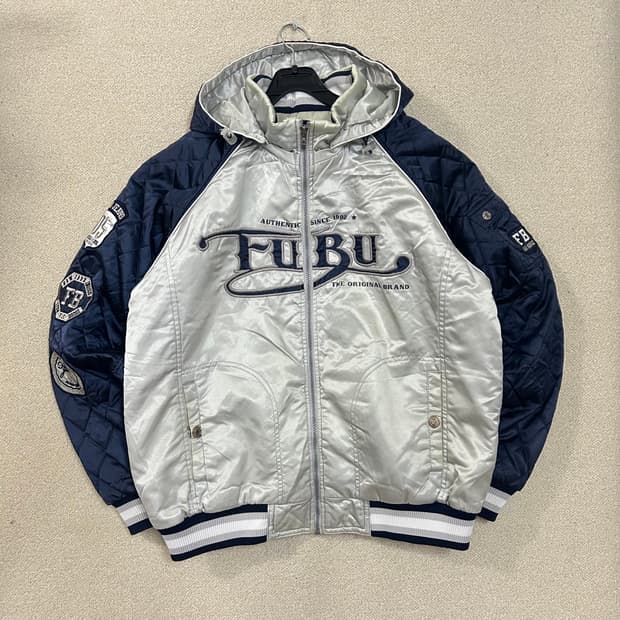 (L) 90s FUBU 후부  새틴 퀼팅 후드 바시티 자켓 