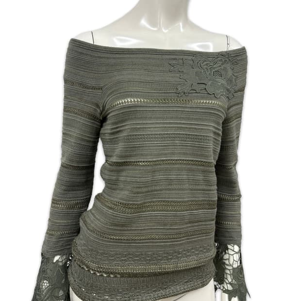 빈티지 카키 플라워 레이스 오프숄더 니트