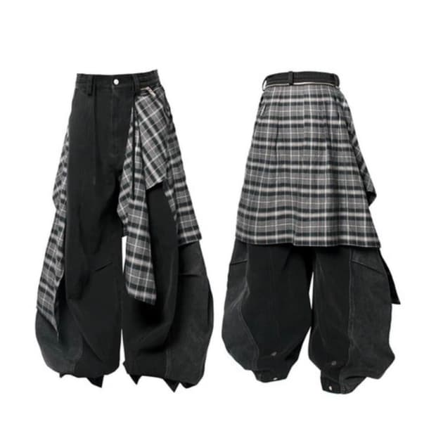 구해요) 콰스 체크 커튼 데님 와이드 팬츠
