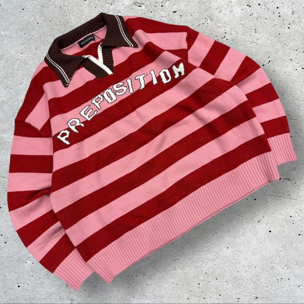 HEXAGON6 스트라이프 카라 니트 핑크 레드 C193