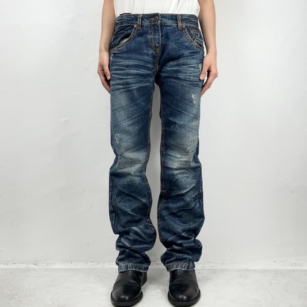 Whisker Wash Straight Denim Jeans