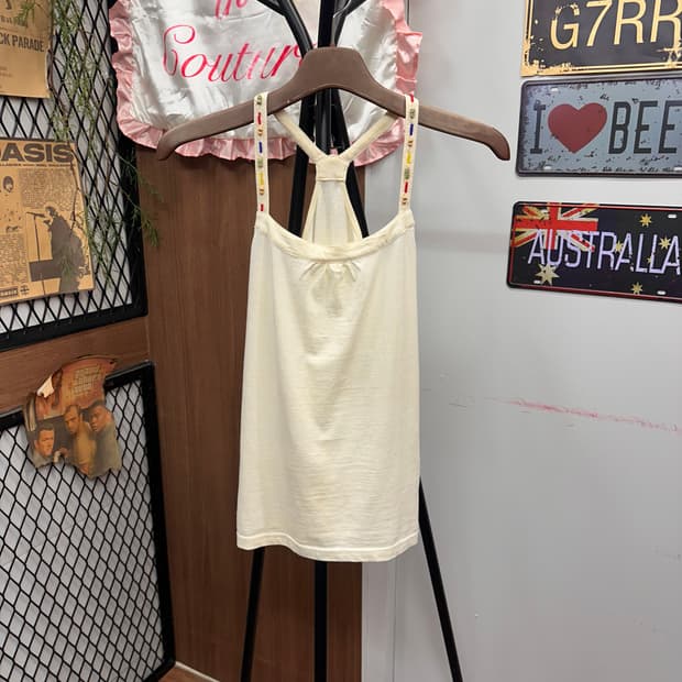 Beige Beaded Stitch Sleeveless Top