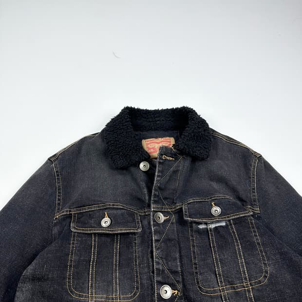 VTG 빈티지 흑청 양털 데미지 트러커 데님자켓 (실측 L)