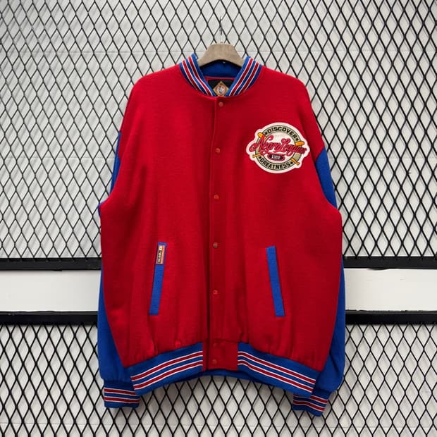 90s NLBM X 빅보이 헤드기어 바시티자켓 후면 패치 디테일 레드