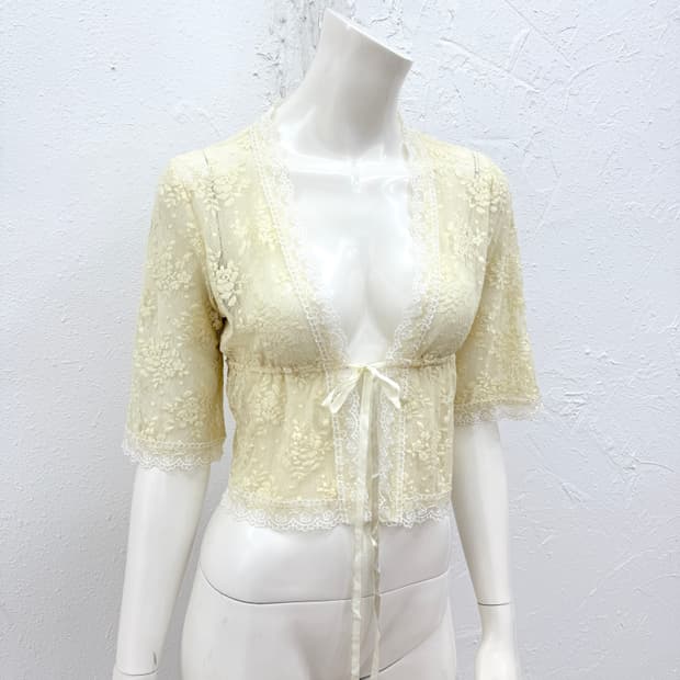 빈티지 옐로우 레이스 리본 레이어드 가디건