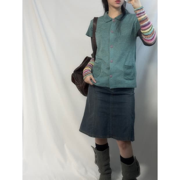 버튼 패턴 포켓 숏 슬리브 가디건