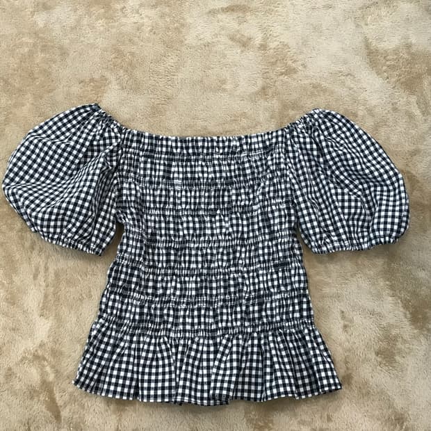 빈티지 깅엄 체크 오프숄더 