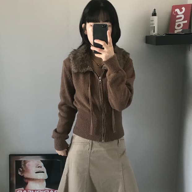 빈티지 니트 집업 브라운 울프죠