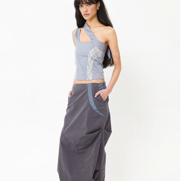 웻태그 DRAPED PANEL MAXI SKIRT SLATE BLUE