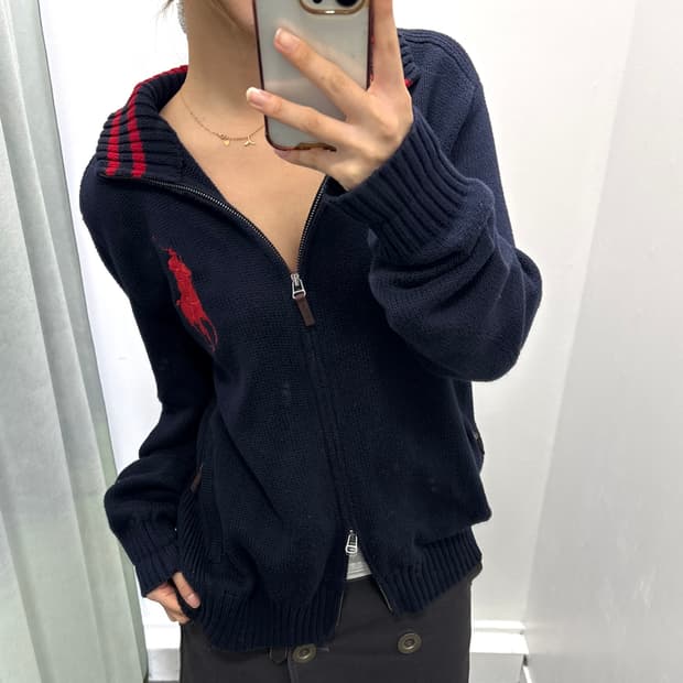 폴로 네이비 레드 빅포니 투웨이 니트 가디건