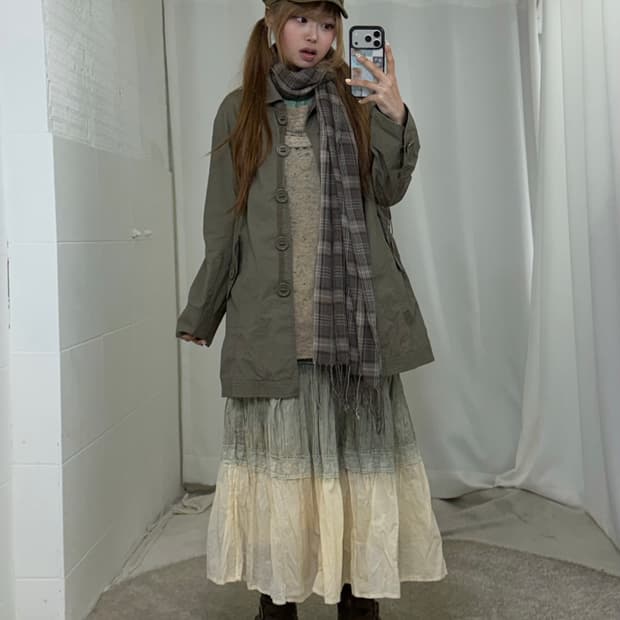 카키 민트 도트 하구미 모리걸 야상 코디세트