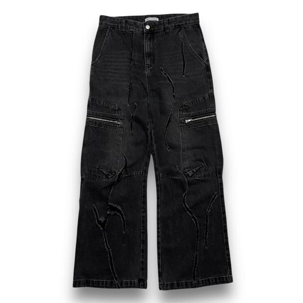 PERSON INTENTION 크랙 워시드 흑청 카고팬츠