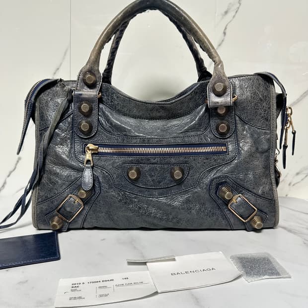 [A 정품] 발렌시아가 자이언트 시티 모터백 블루 카키그레이