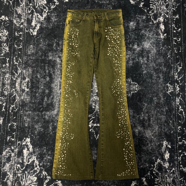 Beads Detail Olive Wash Flare Denim