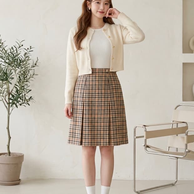 닥스(DAKS) 하우스체크 울 100% 플리츠 스커트