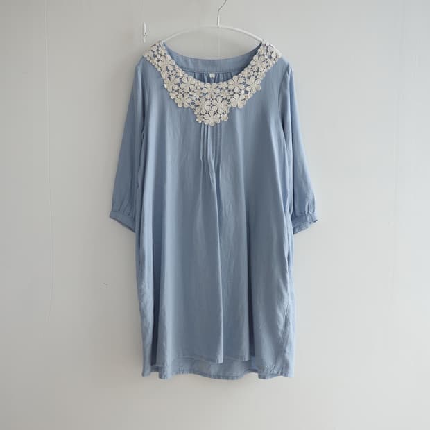  Antique crochet misty blue blouse