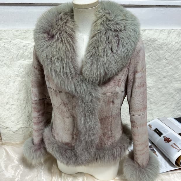 빈티지 연한 핑크 폭스퍼+안감토끼털 되지가죽자켓 무스탕