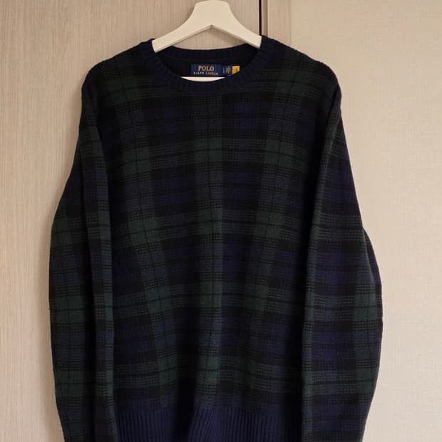 폴로 블랙워치 타탄 체크 울 스웨터 L 새제품