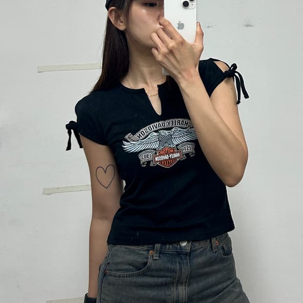 할리 데이비슨 빈티지 그래픽 크롭 티셔츠 네이비