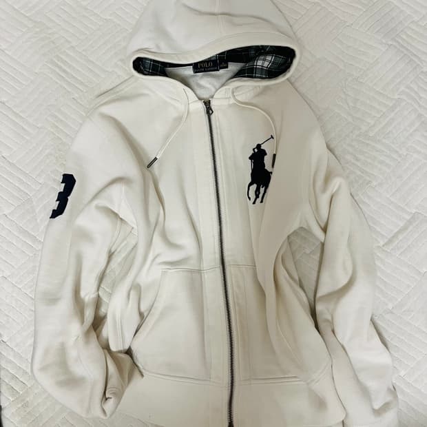 폴로 빅포니 후드 집업 체크 화이트