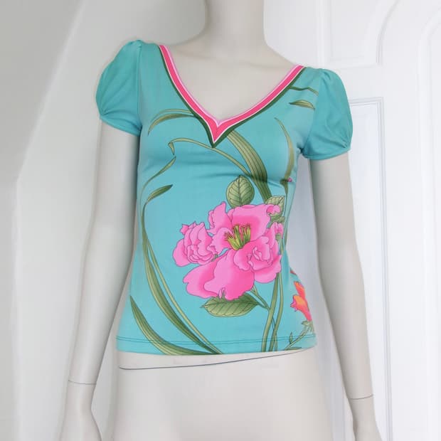 Antique Flower Print Puff Top
