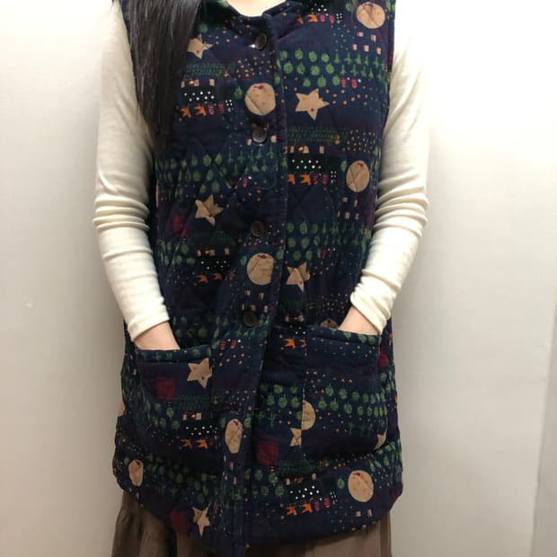 빈티지 네이비 모리걸 프린팅 베스트 패딩