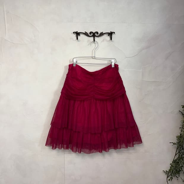 Cherry pink ruffle tulle midi skirt