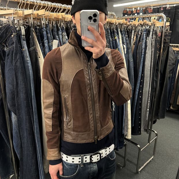 재패니즈 빈티지 니트 가죽자켓 브라운