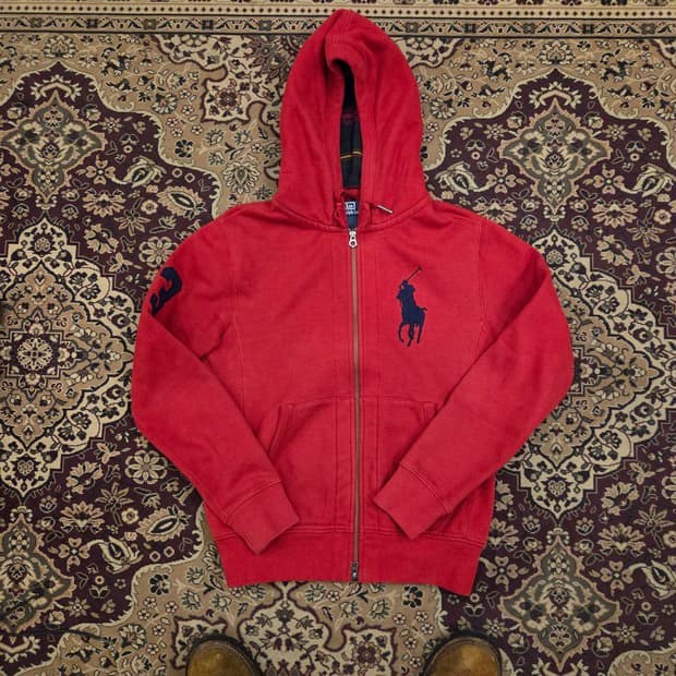 폴로 빅포니 체크 후드집업 s