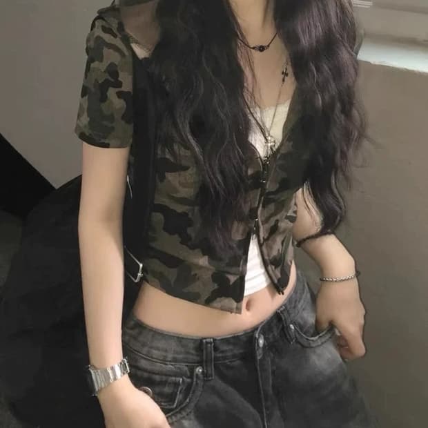 카모 후드 집업 크롭 반팔 티셔츠
