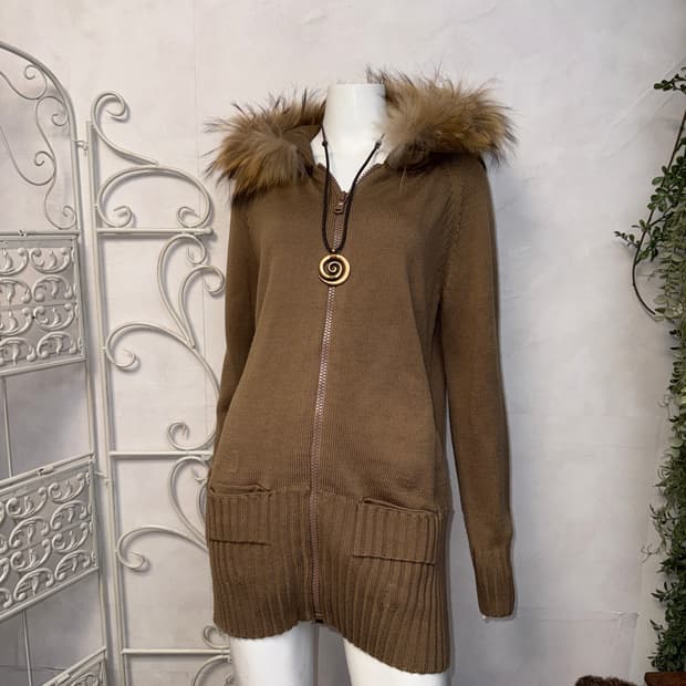 Brown fur hood zipup knit ops