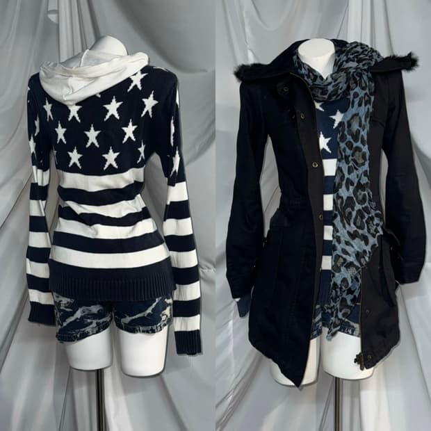 네이비 키치 펑투케 레오파드 코디세트