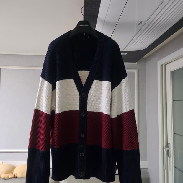 [거의 새것] 타미힐피거 남녀공용 컬러블럭 니트 가디건 xxl