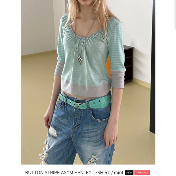 헤레틱 BUTTON STRIPE HENLEY TSHIRT MINT