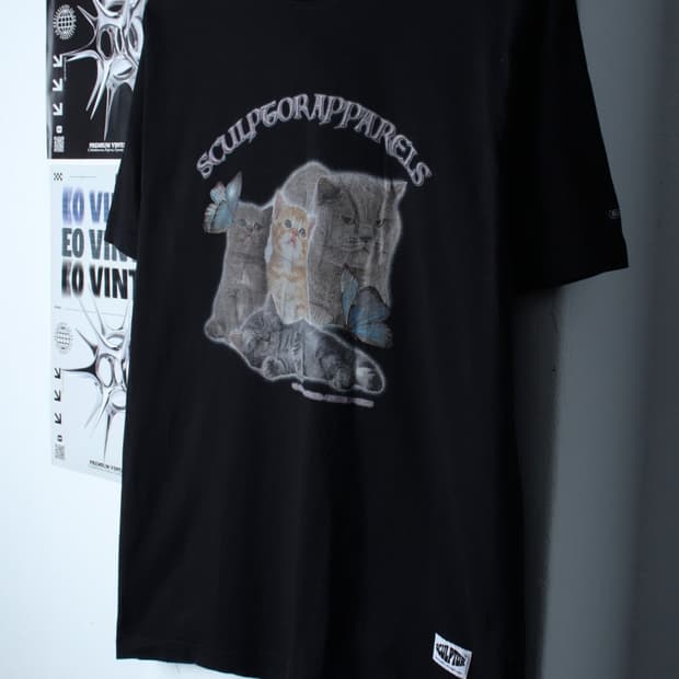 W(M-XL) 스컬프터 반팔 티셔츠 Y2K 고양이프린팅 블랙-H31190