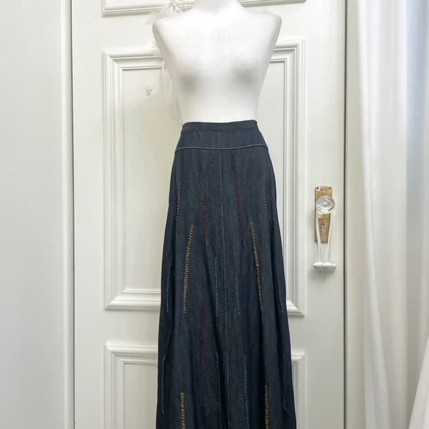 denim flare embroidery point long skirt