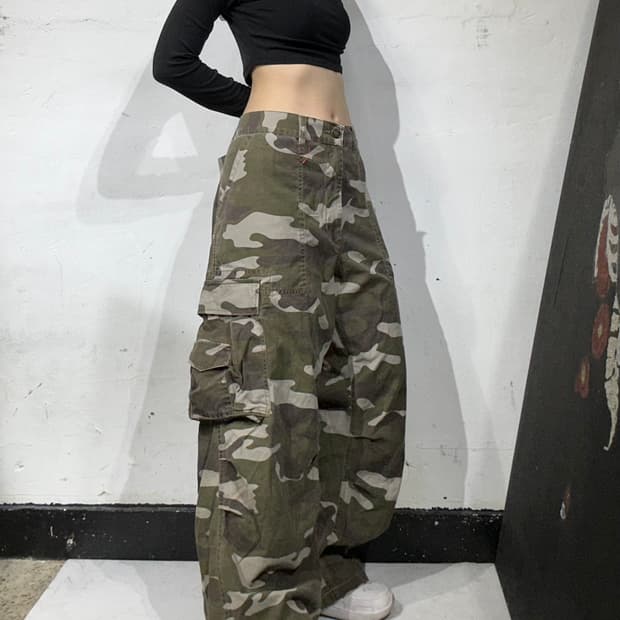 빈티지 베이지 카모 밀리터리 와이드 카고 팬츠 110